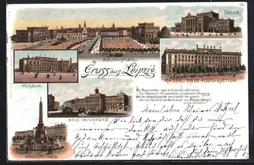 Lithographie Leipzig, Augustplatz, Museum, Theater, Neue Universität, Mendebrunnen, kaiserl. Postdirection