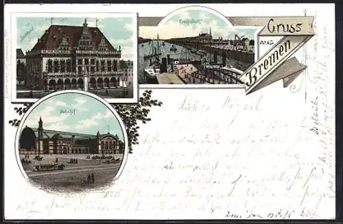 Lithographie Bremen, Rathaus, Bahnhof, Freihafen