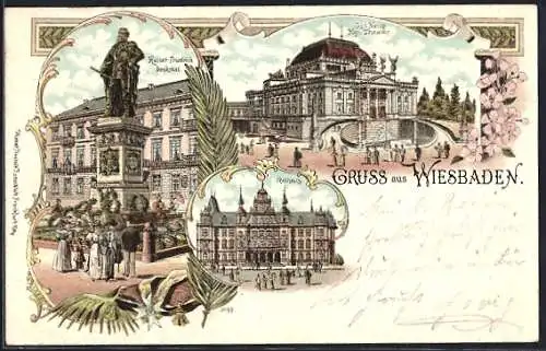 Lithographie Wiesbaden, Rathaus, Kaiser-Friedrich-Denkmal, Neues Kgl. Theater