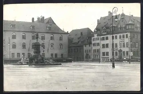 AK Nürnberg, Hochwasser-Katastrophe 1909, Hauptmarkt mit Geschäften und Denkmal
