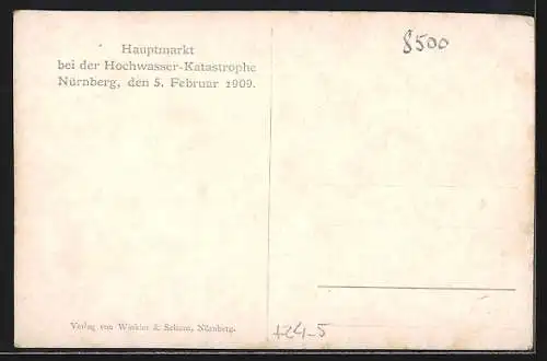 AK Nürnberg, Hochwasser-Katastrophe 1909, Hauptmarkt mit Geschäften und Denkmal