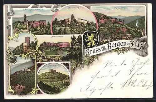 Lithographie Limburg b. Dürkheim, Trifels, Madenburg, Maxburg, Hardenburg