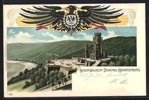 Lithographie Hohensyburg, Kaiser-Wilhelm-Denkmal aus der Vogelschau, Reichsadler