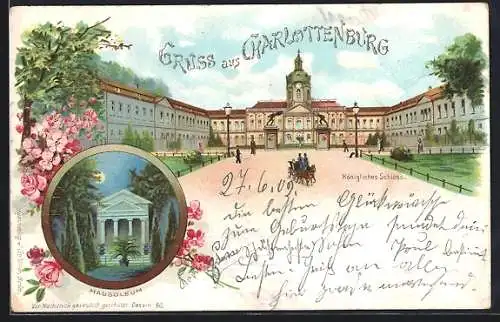 Lithographie Berlin-Charlottenburg, Schloss und Mausoleum bei Vollmond