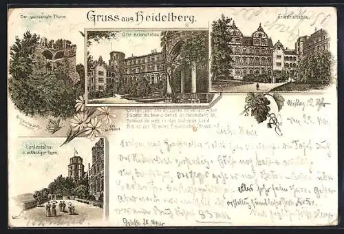 Lithographie Heidelberg, Der gesprengte Turm, Schlossaltan u. achteckiger Turm, Otto Heinrichsbau und Friedrichsbau