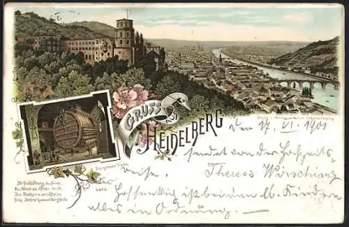 Lithographie Heidelberg / Neckar, Das grosse Fass, Totalansicht