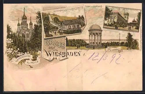 Lithographie Wiesbaden, Nerobergbahn, Restaurant am Neroberg, griechische Kapelle