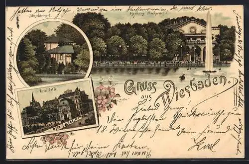 Lithographie Wiesbaden, Trinkhalle, Musiktempel, Kurhaus mit Parkseite