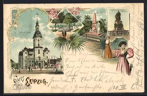 Lithographie Leipzig, Johanniskirche, Grassi-Grabmal, Luther- u. Melanchton-Denkmal