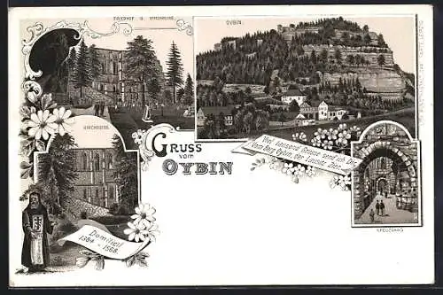 Lithographie Oybin, Kirchenruine, Kreuzgang, Friedhof & Kirchenruine