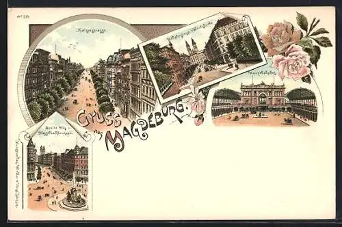 Lithographie Magdeburg, Kaiserstrasse, Hauptbahnhof, Breite Weg und Hasselbachbrunnen, Rosen