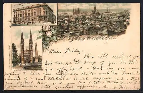Lithographie Wiesbaden, Schloss, Kath. Kirche u. Waterloosäule, Totalansicht