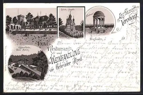 Vorläufer-Lithographie Wiesbaden, 1895, Neroberg, Nerotempel, die griech. Kapelle, Obere Station der Zahnradbahn