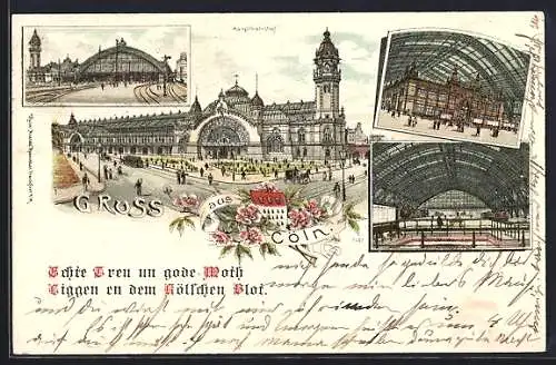 Lithographie Köln, Hauptbahnhof mit Innenansichten