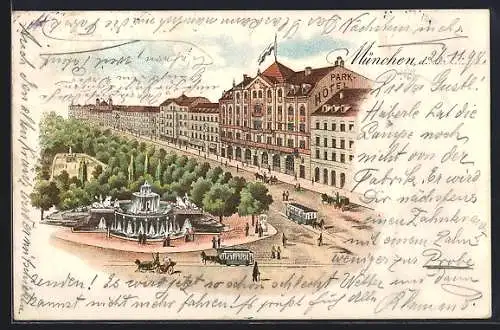 Lithographie München, Park-Hotel am Karlsplatz mit Pferdebahn