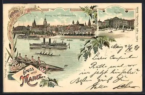 Lithographie Mainz, Teilansicht von der Strassenbrücke, Theater