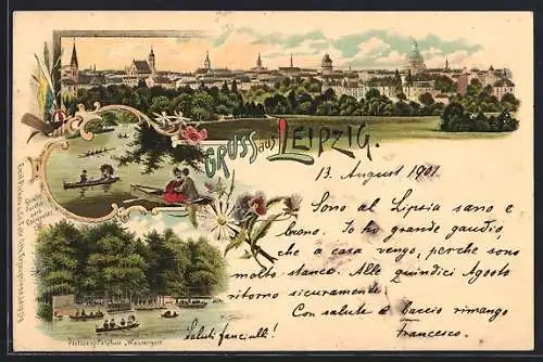 Lithographie Leipzig, Gesamtansicht, Gondelpartie nach Connewitz