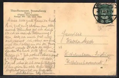 AK Braunschweig, Thies-Restaurant, Damm 9, Inh. Gust. Thies, Speisesaal