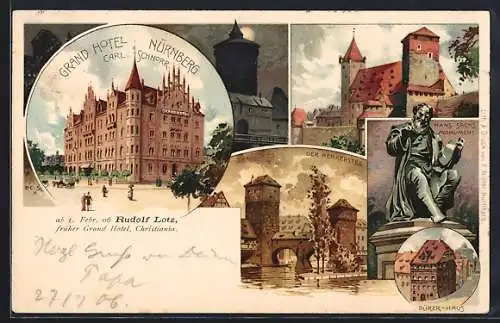 Lithographie Nürnberg, Grand Hotel, Inh.: Carl Schnorr, Henkersteg, Dürer-Haus