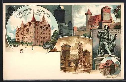 Lithographie Nürnberg, Grand Hotel, Inh.: Carl Schnorr, Henkersteg, Dürer-Haus