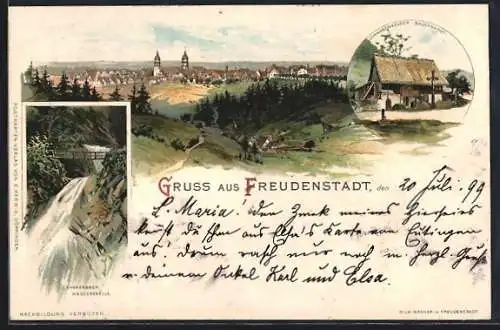 Lithographie Freudenstadt, Schwarzwaelder Bauernhaus, Sankenbach Wasserfälle