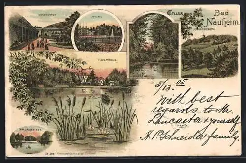 Lithographie Bad Nauheim, Teichhaus, Kurbrunnen, Sprudel