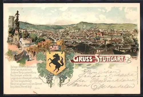 Lithographie Stuttgart, Ortsansicht, Lied, Wappen