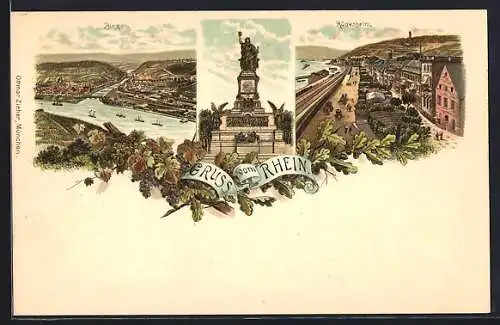 Lithographie Bingen, Gesamtansicht, Rüdesheim Gesamtansicht, Niederwalddenkmal