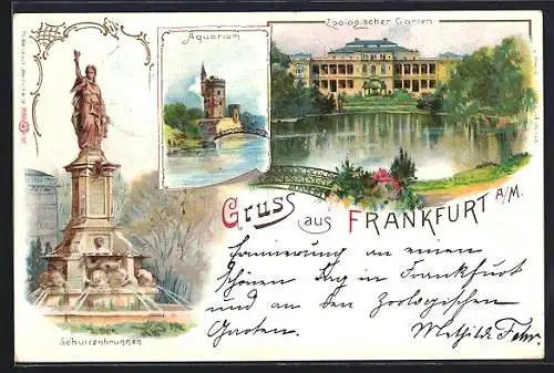 Künstler-AK Frankfurt-Ostend, Ruine mit Weiher, Zoologischer Garten und Schützenbrunnen
