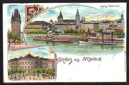 Lithographie Mainz, Holzturm, Theater, Mainzer Rheinseite