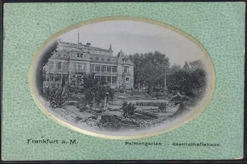 AK Frankfurt-Westend, Palmengarten und Gesellschaftshaus, Passeparout, türkis gemustert