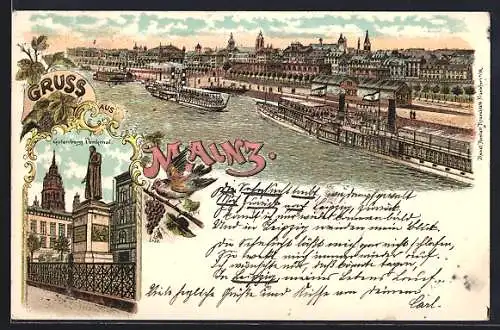 Lithographie Mainz, Flusspartie mit Passagierdampfern und Gutenberg Denkmal