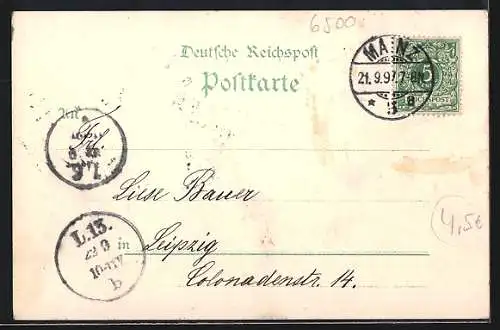Lithographie Mainz, Flusspartie mit Passagierdampfern und Gutenberg Denkmal