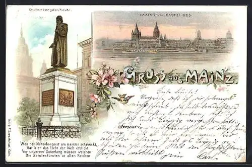 Lithographie Mainz, Gutenbergdenkmal, Stadt von Castel gesehen