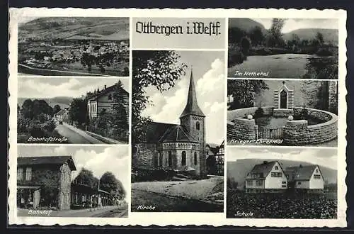 AK Ottbergen i. Westf., Bahnhof, Bahnhofstrasse, Kriegerdenkmal, Schule, Ortsansicht