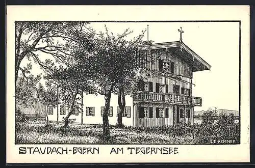 Künstler-AK Staudach-Egern am Tegernsee, Gebäude mit Firstkreuz