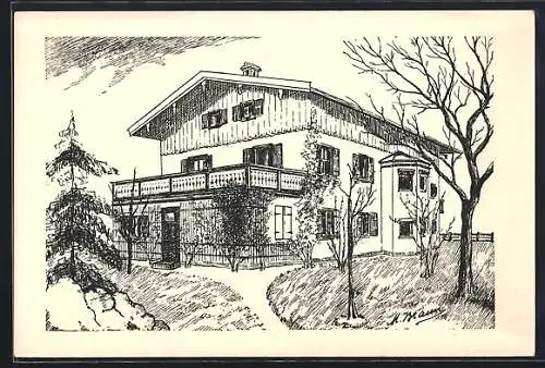 Künstler-AK Rottach am Tegernsee, Gebäude mit Anlagen, Wintergarten