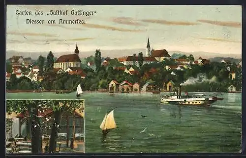 AK Diessen am Ammersee, Garten d. Gasthof Gattinger mit Dampfer