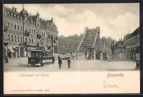 AK Dresden-Blasewitz, Schillerplatz, Ansicht mit Strassenbahn und Brücke