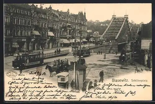 AK Dresden-Blasewitz, Schillerplatz mit Strassenbahn, Pavillon, Kutsche und Brücke