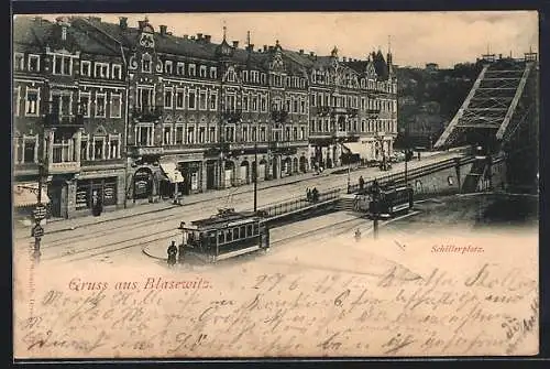 AK Dresden-Blasewitz, Schillerplatz mit Strassenbahnen, Geschäften und Brücke