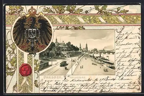Passepartout-Lithographie Dresden, Strassenpartie am Belvedere und Strassenbahn, Wappen