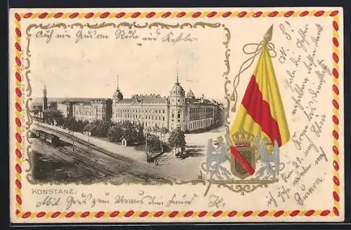 Passepartout-Lithographie Konstanz, Ortspartie m. Bahngelände, Anlage und Turmgebäude aus der Vogelschau, Wappen, Flagge