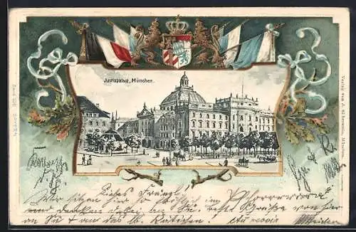Passepartout-Lithographie München, Ansicht vom Justizpalast, Wappen