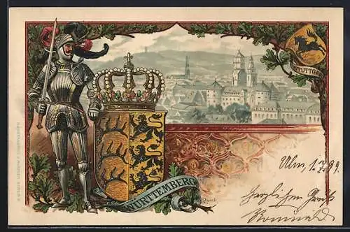 Passepartout-Lithographie Stuttgart, Teilansicht der Stadt, Wappen von Württemberg und Ritter
