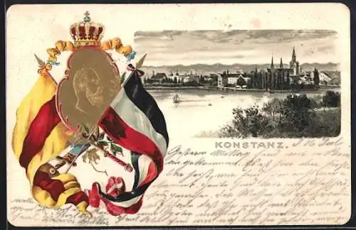 Passepartout-Lithographie Konstanz, Flusspartie mit Stadtpanorama, König Wilhelm II. von Württemberg, Krone, Wappen