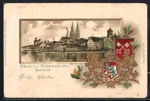 Passepartout-Lithographie Regensburg, Blick von der Donau auf die Stadt