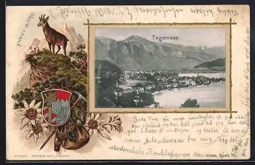 Passepartout-Lithographie Tegernsee, Ortsansicht mit Bergpanorama aus der Vogelschau, Gemse, Wappen, Edelweiss