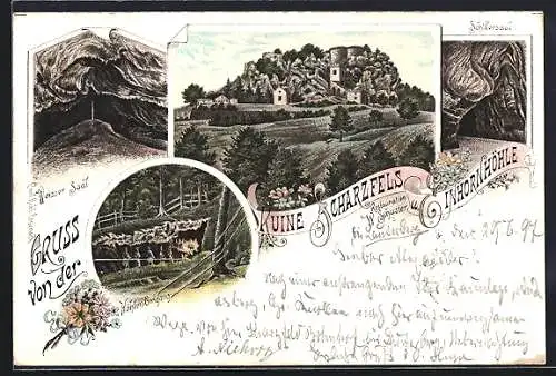 Lithographie Ruine Scharzfels, Gasthaus mit Ruine, Einhornhöhle: Schillersaal, Weisser Saal, Eingang