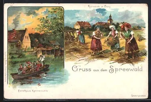 Lithographie Burg / Spreewald, Kornernte, Kanno-Mühle
